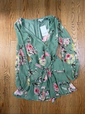 love, Fire Sage Green Floral Long Sleeve Wrap Dress